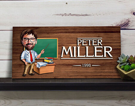 BK Gift Kişiye Özel Erkek Öğretmen Karikatürlü Kabartma Figürlü Ahşap Tablo, Duvar Dekoru, Arkadaşa Hediye, Özel Tasarım Ev Hediyesi-2
