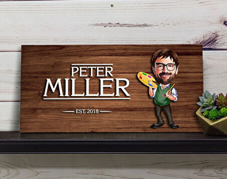 BK Gift Kişiye Özel Erkek Ressam Karikatürlü Kabartma Figürlü Ahşap Tablo, Duvar Dekoru, Arkadaşa Hediye, Özel Tasarım Ev Hediyesi-1