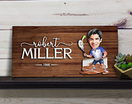 BK Gift Kişiye Özel Erkek Tenis Oyuncusu Karikatürlü Kabartma Figürlü Ahşap Tablo, Duvar Dekoru, Arkadaşa Hediye, Özel Tasarım Ev Hediyesi-1