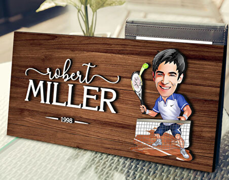 BK Gift Kişiye Özel Erkek Tenis Oyuncusu Karikatürlü Kabartma Figürlü Ahşap Tablo, Duvar Dekoru, Arkadaşa Hediye, Özel Tasarım Ev Hediyesi-1