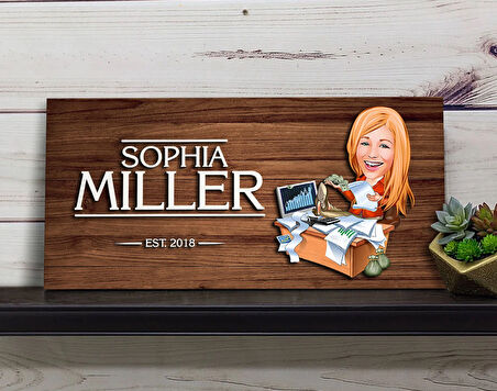 BK Gift Kişiye Özel Kadın Bankacı Karikatürlü Kabartma Figürlü Ahşap Tablo, Duvar Dekoru, Arkadaşa Hediye, Özel Tasarım Ev Hediyesi-1