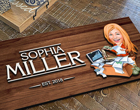 BK Gift Kişiye Özel Kadın Bankacı Karikatürlü Kabartma Figürlü Ahşap Tablo, Duvar Dekoru, Arkadaşa Hediye, Özel Tasarım Ev Hediyesi-1