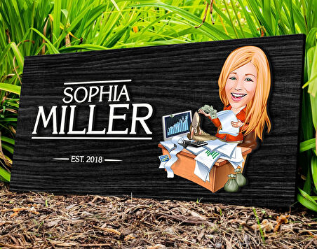 BK Gift Kişiye Özel Kadın Bankacı Karikatürlü Kabartma Figürlü Ahşap Tablo, Duvar Dekoru, Arkadaşa Hediye, Özel Tasarım Ev Hediyesi-1