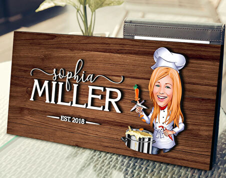 BK Gift Kişiye Özel Kadın Şef Karikatürlü Kabartma Figürlü Ahşap Tablo, Duvar Dekoru, Arkadaşa Hediye, Özel Tasarım Ev Hediyesi-1