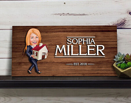 BK Gift Kişiye Özel Kadın Emlakçı Karikatürlü Kabartma Figürlü Ahşap Tablo, Duvar Dekoru, Arkadaşa Hediye, Özel Tasarım Ev Hediyesi-1