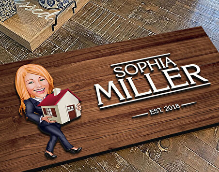 BK Gift Kişiye Özel Kadın Emlakçı Karikatürlü Kabartma Figürlü Ahşap Tablo, Duvar Dekoru, Arkadaşa Hediye, Özel Tasarım Ev Hediyesi-1