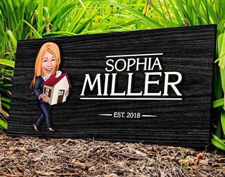 BK Gift Kişiye Özel Kadın Emlakçı Karikatürlü Kabartma Figürlü Ahşap Tablo, Duvar Dekoru, Arkadaşa Hediye, Özel Tasarım Ev Hediyesi-1