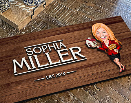 BK Gift Kişiye Özel Kadın Emlakçı Karikatürlü Kabartma Figürlü Ahşap Tablo, Duvar Dekoru, Arkadaşa Hediye, Özel Tasarım Ev Hediyesi-2