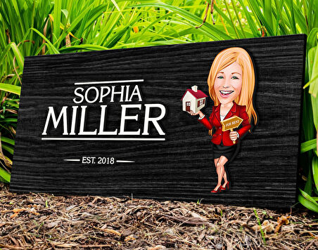 BK Gift Kişiye Özel Kadın Emlakçı Karikatürlü Kabartma Figürlü Ahşap Tablo, Duvar Dekoru, Arkadaşa Hediye, Özel Tasarım Ev Hediyesi-2