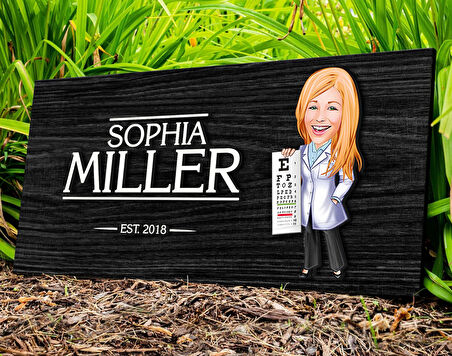 BK Gift Kişiye Özel Kadın Göz Doktoru Karikatürlü Kabartma Figürlü Ahşap Tablo, Duvar Dekoru, Arkadaşa Hediye, Özel Tasarım Ev Hediyesi-1