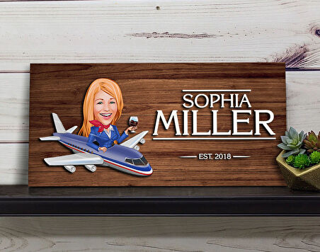 BK Gift Kişiye Özel Hostes Karikatürlü Kabartma Figürlü Ahşap Tablo, Duvar Dekoru, Arkadaşa Hediye, Özel Tasarım Ev Hediyesi-1