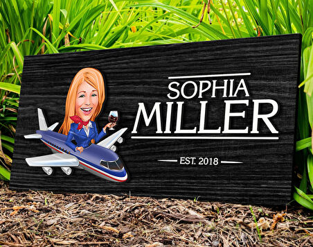 BK Gift Kişiye Özel Hostes Karikatürlü Kabartma Figürlü Ahşap Tablo, Duvar Dekoru, Arkadaşa Hediye, Özel Tasarım Ev Hediyesi-1