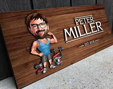 BK Gift Kişiye Özel Fitness Karikatürlü Kabartma Figürlü Ahşap Tablo, Duvar Dekoru, Arkadaşa Hediye, Özel Tasarım Ev Hediyesi-1