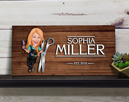 BK Gift Kişiye Özel Kadın Kuaför Karikatürlü Kabartma Figürlü Ahşap Tablo, Duvar Dekoru, Arkadaşa Hediye, Özel Tasarım Ev Hediyesi-1