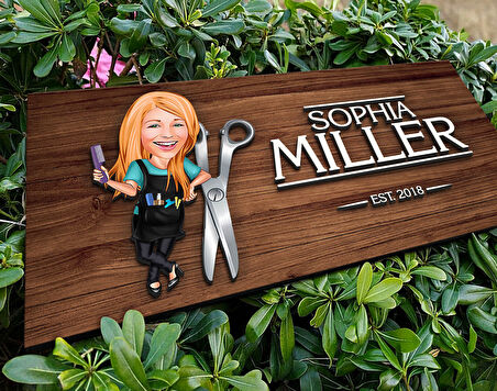 BK Gift Kişiye Özel Kadın Kuaför Karikatürlü Kabartma Figürlü Ahşap Tablo, Duvar Dekoru, Arkadaşa Hediye, Özel Tasarım Ev Hediyesi-1