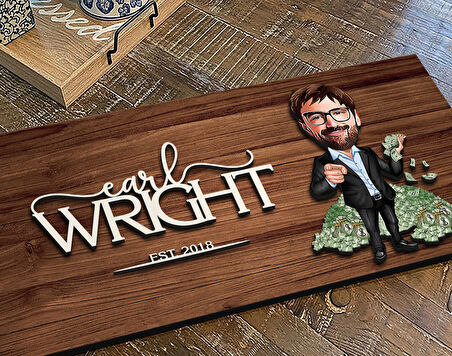 BK Gift Kişiye Özel Erkek Bankacı Karikatürlü Kabartma Figürlü Ahşap Tablo, Duvar Dekoru, Arkadaşa Hediye, Özel Tasarım Ev Hediyesi-2