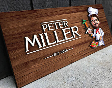 BK Gift Kişiye Özel Erkek Chef Karikatürlü Kabartma Figürlü Ahşap Tablo, Duvar Dekoru, Arkadaşa Hediye, Özel Tasarım Ev Hediyesi-1