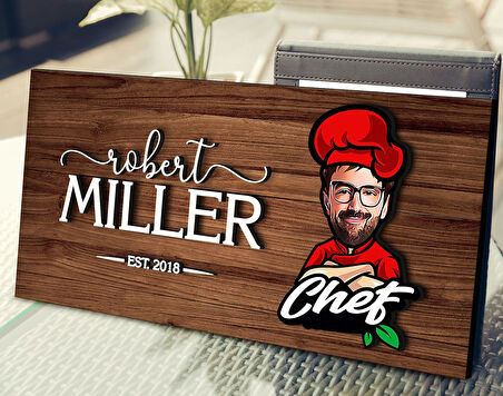 BK Gift Kişiye Özel Erkek Chef Karikatürlü Kabartma Figürlü Ahşap Tablo, Duvar Dekoru, Arkadaşa Hediye, Özel Tasarım Ev Hediyesi-2