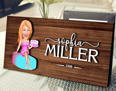 BK Gift Kişiye Özel Kadın Doğum Günü Karikatürlü Kabartma Figürlü Ahşap Tablo, Duvar Dekoru, Arkadaşa Hediye, Özel Tasarım Ev Hediyesi-1