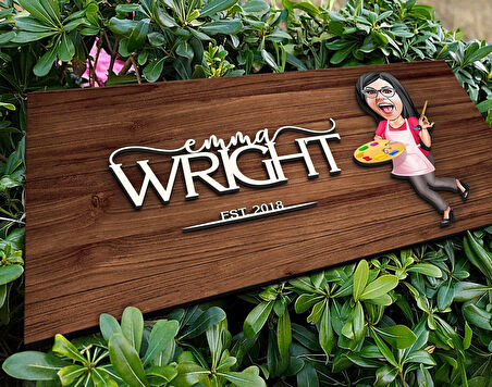 BK Gift Kişiye Özel Kadın Ressam Karikatürlü Kabartma Figürlü Ahşap Tablo, Duvar Dekoru, Arkadaşa Hediye, Özel Tasarım Ev Hediyesi-1