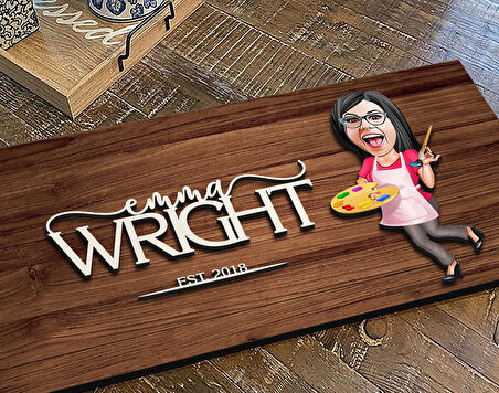 BK Gift Kişiye Özel Kadın Ressam Karikatürlü Kabartma Figürlü Ahşap Tablo, Duvar Dekoru, Arkadaşa Hediye, Özel Tasarım Ev Hediyesi-1