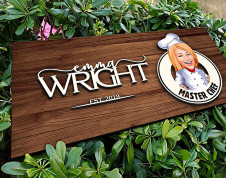 BK Gift Kişiye Özel Kadın Chef Karikatürlü Kabartma Figürlü Ahşap Tablo, Duvar Dekoru, Arkadaşa Hediye, Özel Tasarım Ev Hediyesi-1