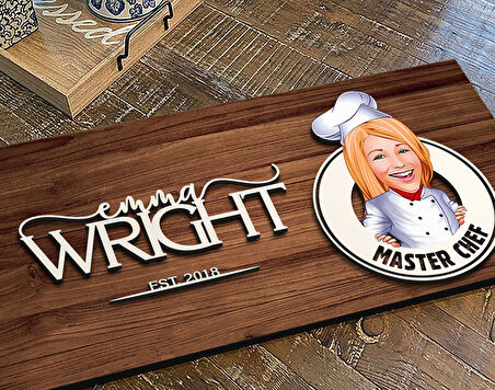 BK Gift Kişiye Özel Kadın Chef Karikatürlü Kabartma Figürlü Ahşap Tablo, Duvar Dekoru, Arkadaşa Hediye, Özel Tasarım Ev Hediyesi-1