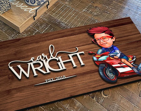 BK Gift Kişiye Özel Motorcu Çocuk Karikatürlü Kabartma Figürlü Ahşap Tablo, Duvar Dekoru, Arkadaşa Hediye, Özel Tasarım Ev Hediyesi-1