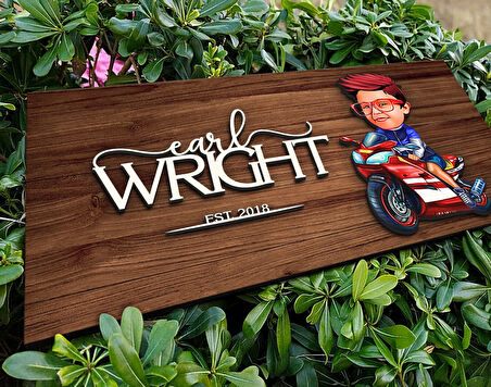 BK Gift Kişiye Özel Motorcu Çocuk Karikatürlü Kabartma Figürlü Ahşap Tablo, Duvar Dekoru, Arkadaşa Hediye, Özel Tasarım Ev Hediyesi-1