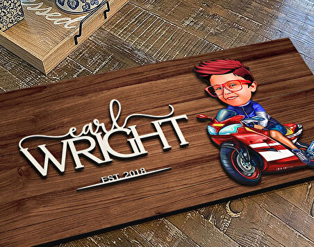 BK Gift Kişiye Özel Motorcu Çocuk Karikatürlü Kabartma Figürlü Ahşap Tablo, Duvar Dekoru, Arkadaşa Hediye, Özel Tasarım Ev Hediyesi-1