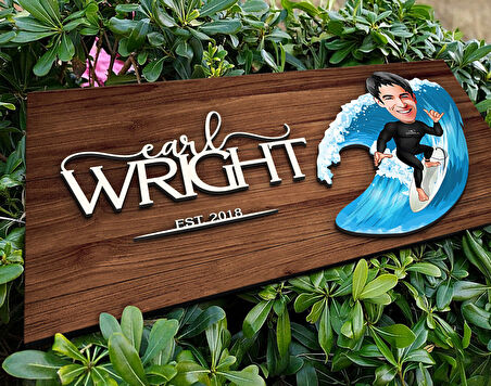 BK Gift Kişiye Özel Sörfçü Karikatürlü Kabartma Figürlü Ahşap Tablo, Duvar Dekoru, Arkadaşa Hediye, Özel Tasarım Ev Hediyesi-1