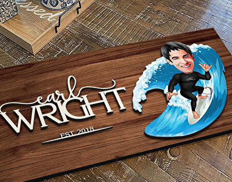 BK Gift Kişiye Özel Sörfçü Karikatürlü Kabartma Figürlü Ahşap Tablo, Duvar Dekoru, Arkadaşa Hediye, Özel Tasarım Ev Hediyesi-1