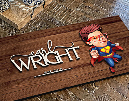 BK Gift Kişiye Özel Süper Çocuk Karikatürlü Kabartma Figürlü Ahşap Tablo, Duvar Dekoru, Arkadaşa Hediye, Özel Tasarım Ev Hediyesi-1