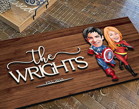 BK Gift Kişiye Özel Süper Sevgililer Karikatürlü Kabartma Figürlü Ahşap Tablo, Duvar Dekoru, Arkadaşa Hediye, Özel Tasarım Ev Hediyesi-1