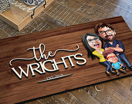 BK Gift Kişiye Özel Aile Karikatürlü Kabartma Figürlü Ahşap Tablo, Duvar Dekoru, Arkadaşa Hediye, Özel Tasarım Ev Hediyesi-1