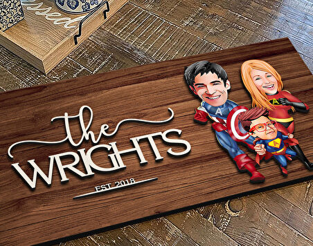 BK Gift Kişiye Özel Süper Aile Karikatürlü Kabartma Figürlü Ahşap Tablo, Duvar Dekoru, Arkadaşa Hediye, Özel Tasarım Ev Hediyesi-1