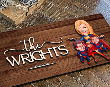 BK Gift Kişiye Özel Süper Anne ve Çocuklar Karikatürlü Kabartma Figürlü Ahşap Tablo, Duvar Dekoru, Arkadaşa Hediye, Özel Tasarım Ev Hediyesi-1