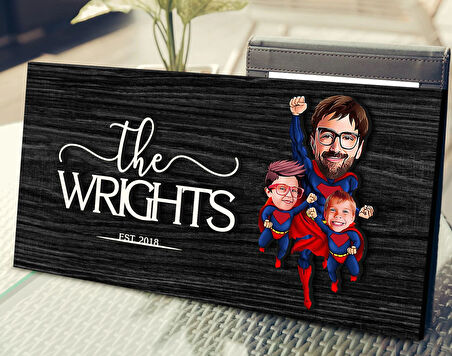 BK Gift Kişiye Özel Süper Baba ve Çocuklar Karikatürlü Kabartma Figürlü Ahşap Tablo, Duvar Dekoru, Arkadaşa Hediye, Özel Tasarım Ev Hediyesi-1