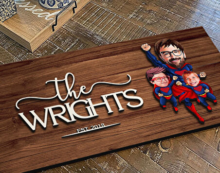 BK Gift Kişiye Özel Süper Baba ve Çocuklar Karikatürlü Kabartma Figürlü Ahşap Tablo, Duvar Dekoru, Arkadaşa Hediye, Özel Tasarım Ev Hediyesi-1