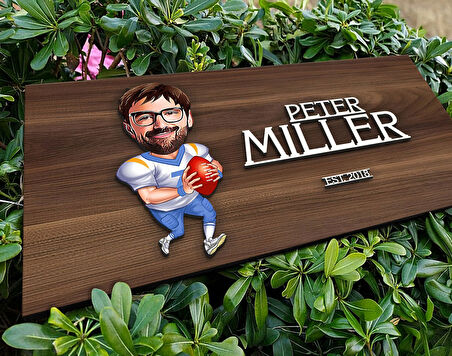 BK Gift Kişiye Özel Amerikan Futbolu Karikatürlü Kabartma Tasarım Antik Ceviz Ahşap Tabela, Dekoratif Tabela, Rustik Ev Dekorasyonu, Duvar Dekoru-1