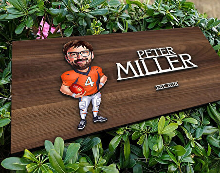 BK Gift Kişiye Özel Amerikan Futbolu Karikatürlü Kabartma Tasarım Antik Ceviz Ahşap Tabela-2, Dekoratif Tabela, Rustik Ev Dekorasyonu, Duvar Dekoru