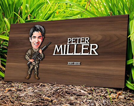 BK Gift Kişiye Özel Asker Karikatürlü Kabartma Tasarım Antik Ceviz Ahşap Tabela-1, Dekoratif Tabela, Rustik Ev Dekorasyonu, Duvar Dekoru