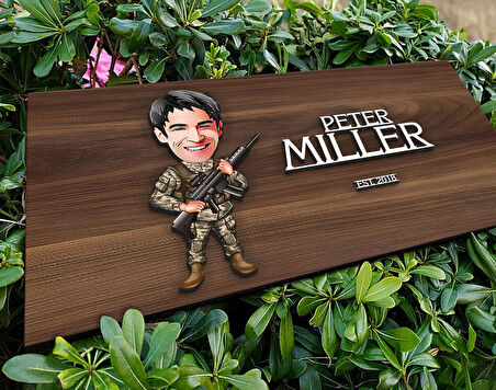 BK Gift Kişiye Özel Asker Karikatürlü Kabartma Tasarım Antik Ceviz Ahşap Tabela-1, Dekoratif Tabela, Rustik Ev Dekorasyonu, Duvar Dekoru