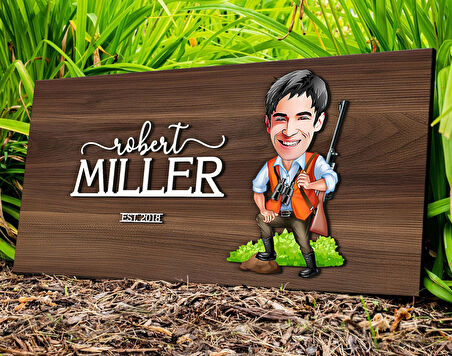 BK Gift Kişiye Özel Avcı Karikatürlü Kabartma Tasarım Antik Ceviz Ahşap Tabela-1, Dekoratif Tabela, Rustik Ev Dekorasyonu, Duvar Dekoru