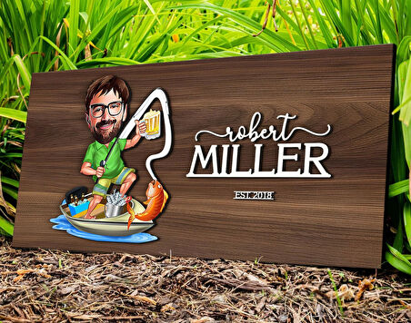 BK Gift Kişiye Özel Balıkçı Karikatürlü Kabartma Tasarım Antik Ceviz Ahşap Tabela-1, Dekoratif Tabela, Rustik Ev Dekorasyonu, Duvar Dekoru