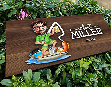 BK Gift Kişiye Özel Balıkçı Karikatürlü Kabartma Tasarım Antik Ceviz Ahşap Tabela-1, Dekoratif Tabela, Rustik Ev Dekorasyonu, Duvar Dekoru