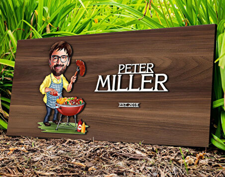 BK Gift Kişiye Özel Barbekü Karikatürlü Kabartma Tasarım Antik Ceviz Ahşap Tabela-2, Dekoratif Tabela, Rustik Ev Dekorasyonu, Duvar Dekoru