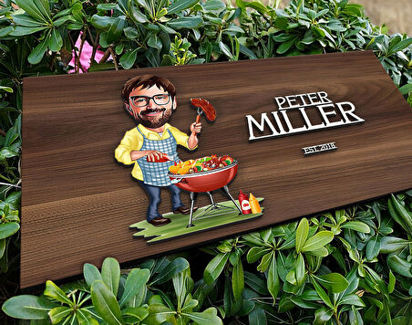 BK Gift Kişiye Özel Barbekü Karikatürlü Kabartma Tasarım Antik Ceviz Ahşap Tabela-2, Dekoratif Tabela, Rustik Ev Dekorasyonu, Duvar Dekoru