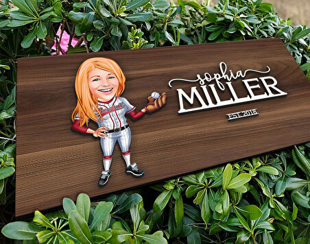 BK Gift Kişiye Özel Kadın Beyzbolcu Karikatürlü Kabartma Tasarım Antik Ceviz Ahşap Tabela-1, Dekoratif Tabela, Rustik Ev Dekorasyonu, Duvar Dekoru