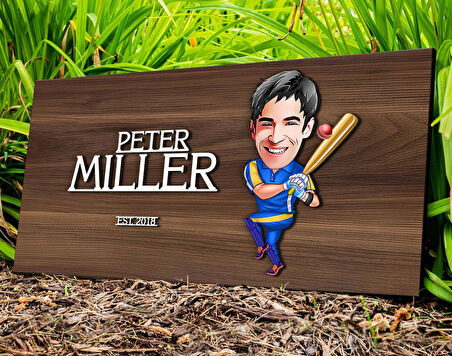 BK Gift Kişiye Özel Erkek Beyzbolcu Karikatürlü Kabartma Tasarım Antik Ceviz Ahşap Tabela-1, Dekoratif Tabela, Rustik Ev Dekorasyonu, Duvar Dekoru